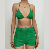 Strukturierter Neckholder-Bikini mit freiem Rücken und Bindeband